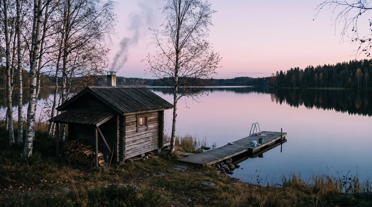 A wooden sauna cabin at the edge of a calm lake in Finland at dusk, smoke from the chimney and a jetty