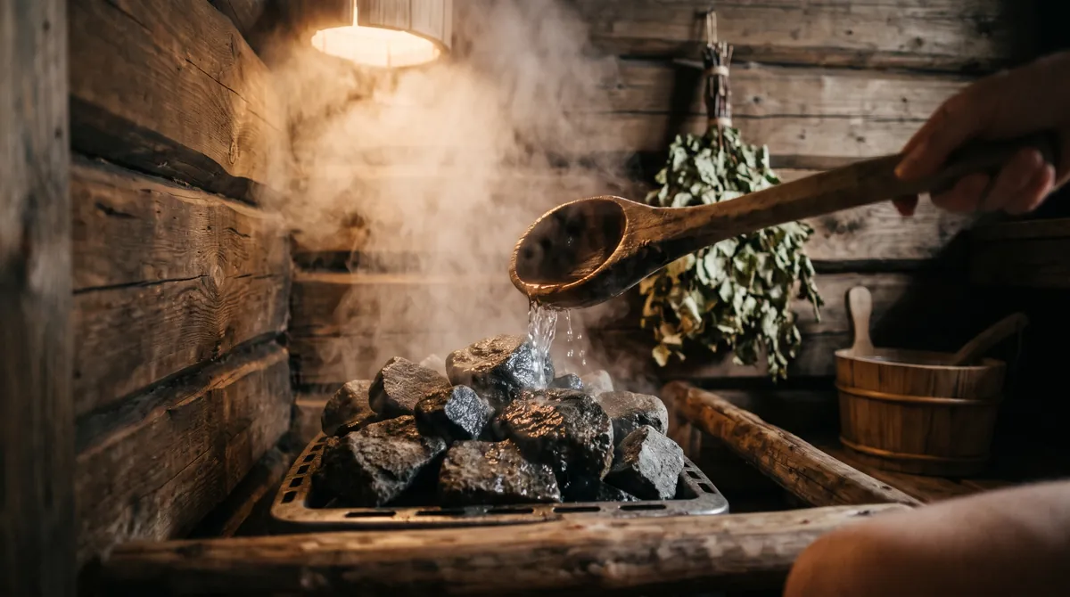 A wooden ladle pouring water onto hot sauna stones, steam rising in warm light