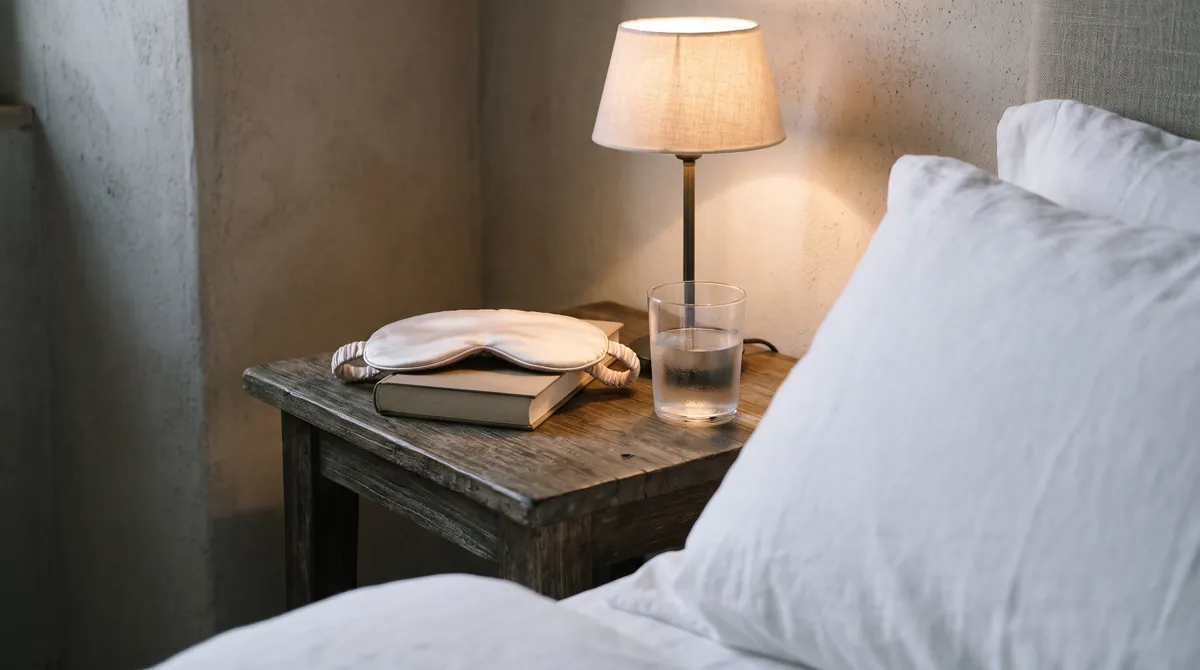A bedside table with a silk eye mask, a closed book, a glass of water and a small warm lamp