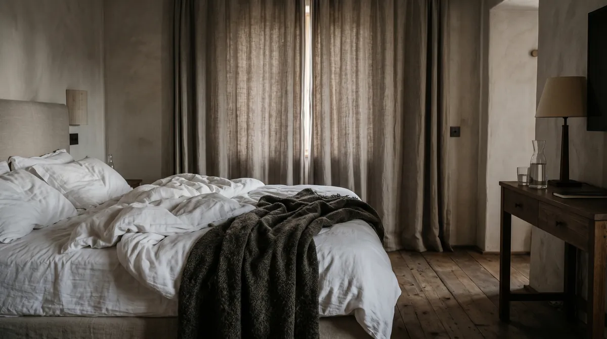 A serene hotel bedroom with soft white linen and heavy curtains almost closed against the dawn