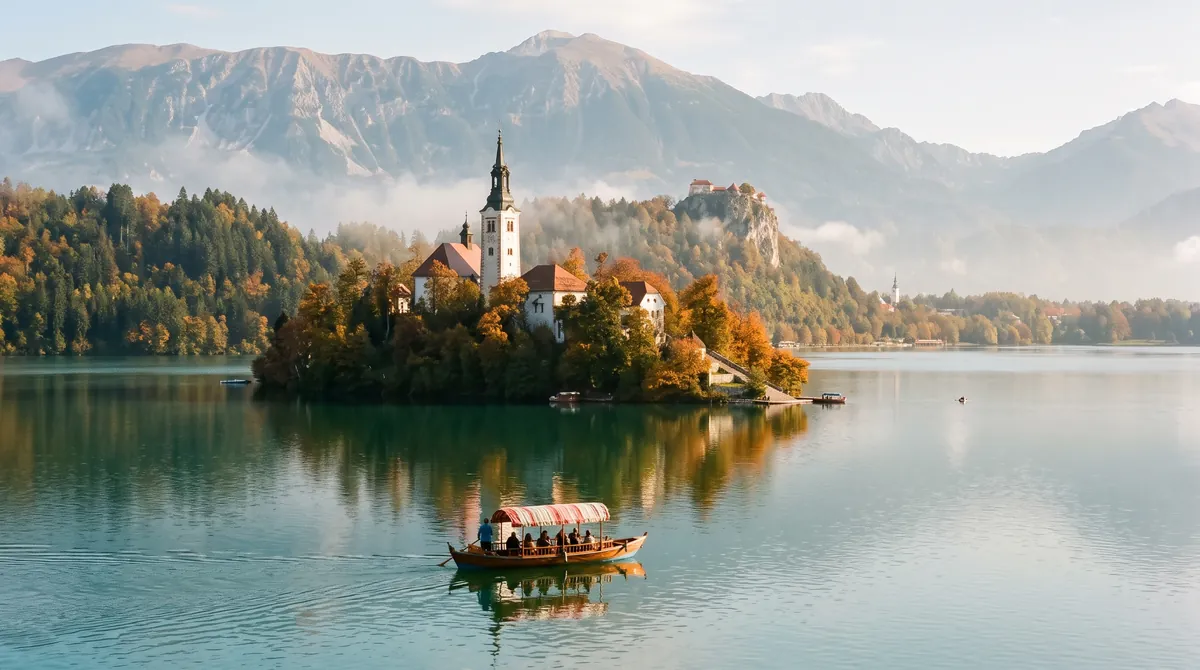 An island with a white church in an emerald alpine lake in Slovenia, a wooden rowing boat approaching and a castle on the cliff