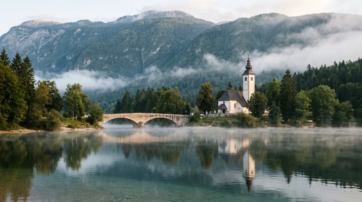 Lake Bohinj in Slovenia at sunrise, still water, a stone bridge and a white church below forested mountains