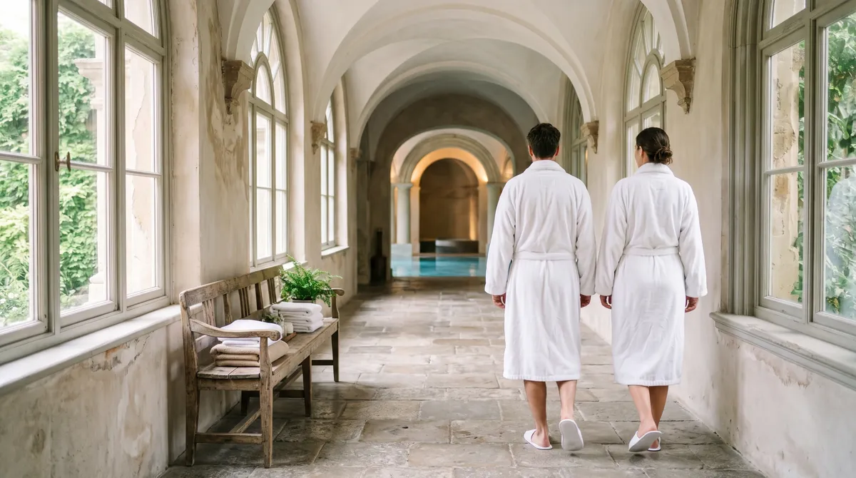 Two guests in white bathrobes walking along a calm corridor of a historic spa hotel towards the pool