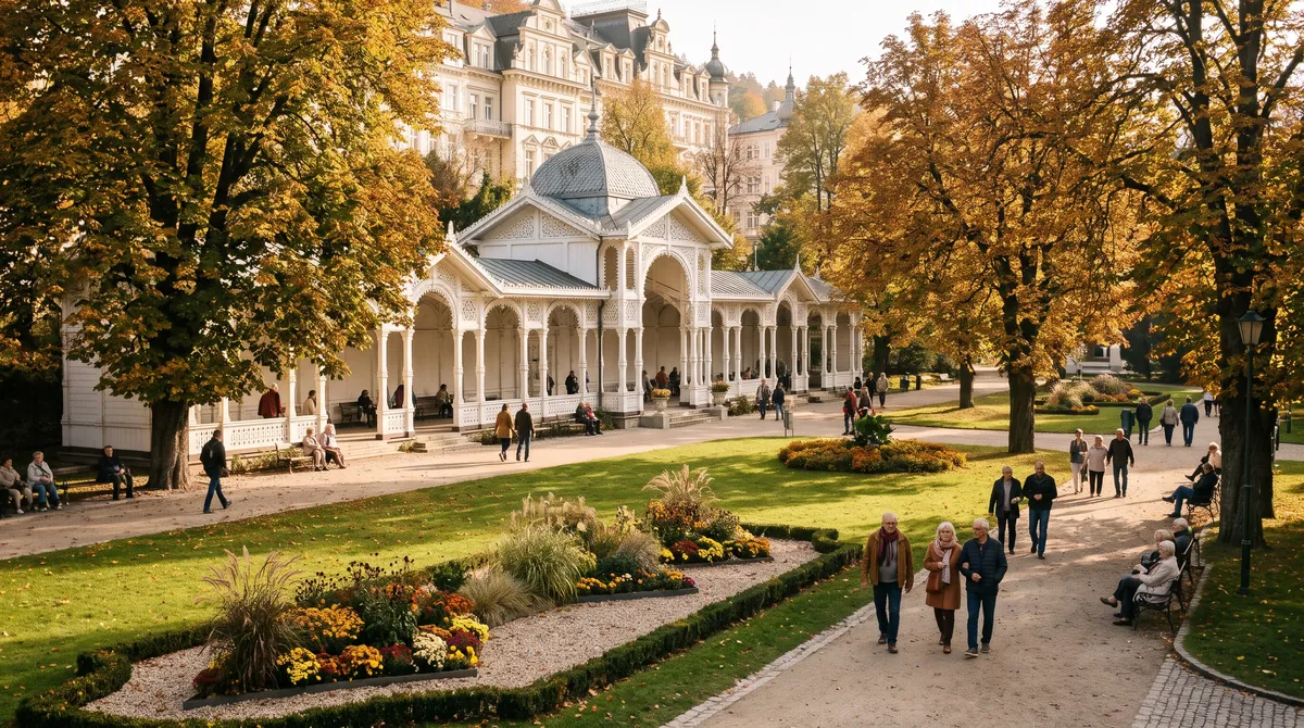 A long white colonnade with a pavilion in the park of a central European spa town in autumn