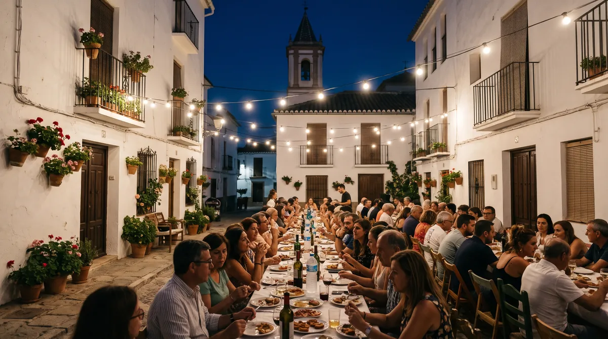 Families and friends eating together at a long table on a small old town square late in the evening