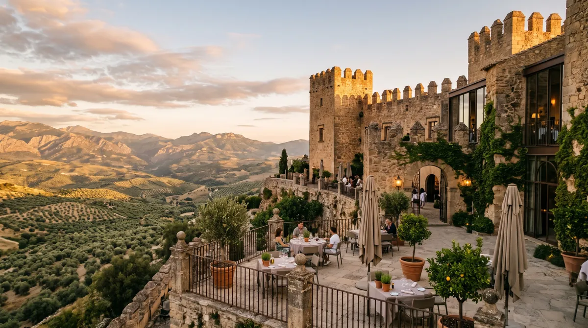 A stone castle hotel on a hilltop in Spain at golden hour with a terrace above olive groves