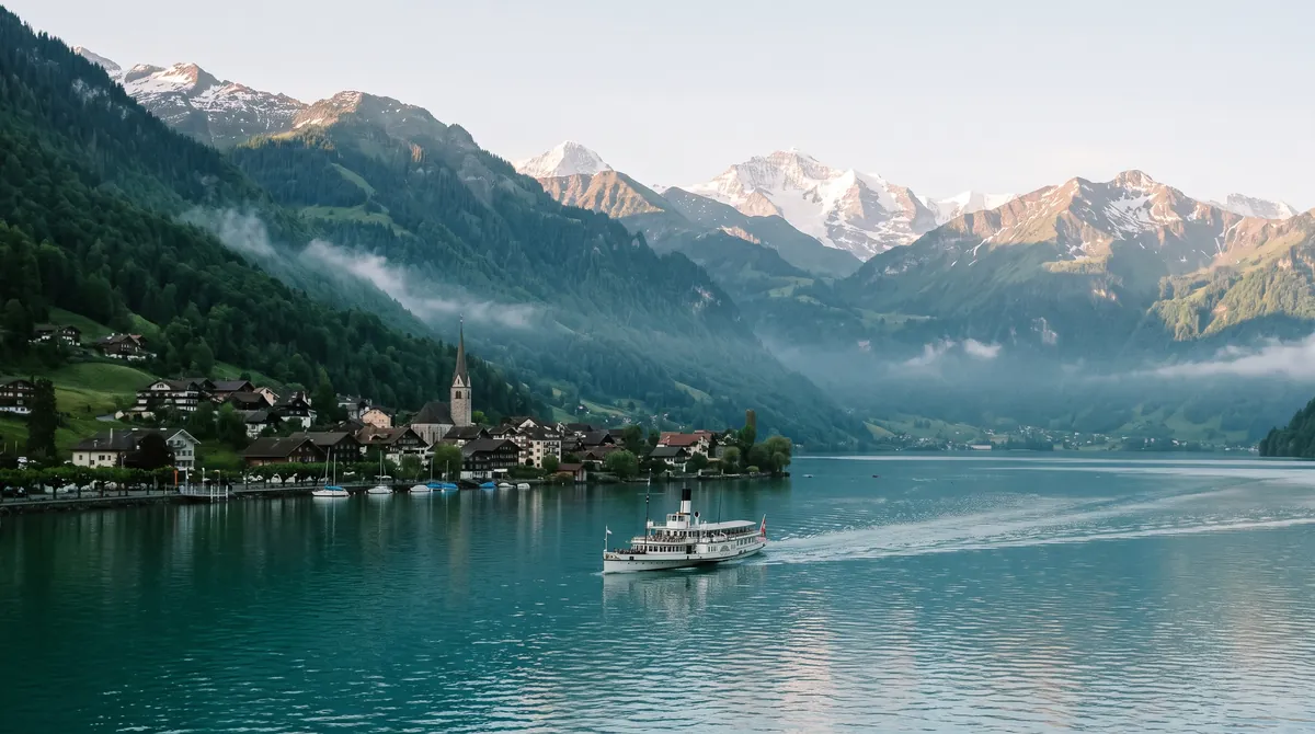 A calm turquoise Swiss lake between steep green mountains, a white paddle steamer and a lakeside village with a church spire
