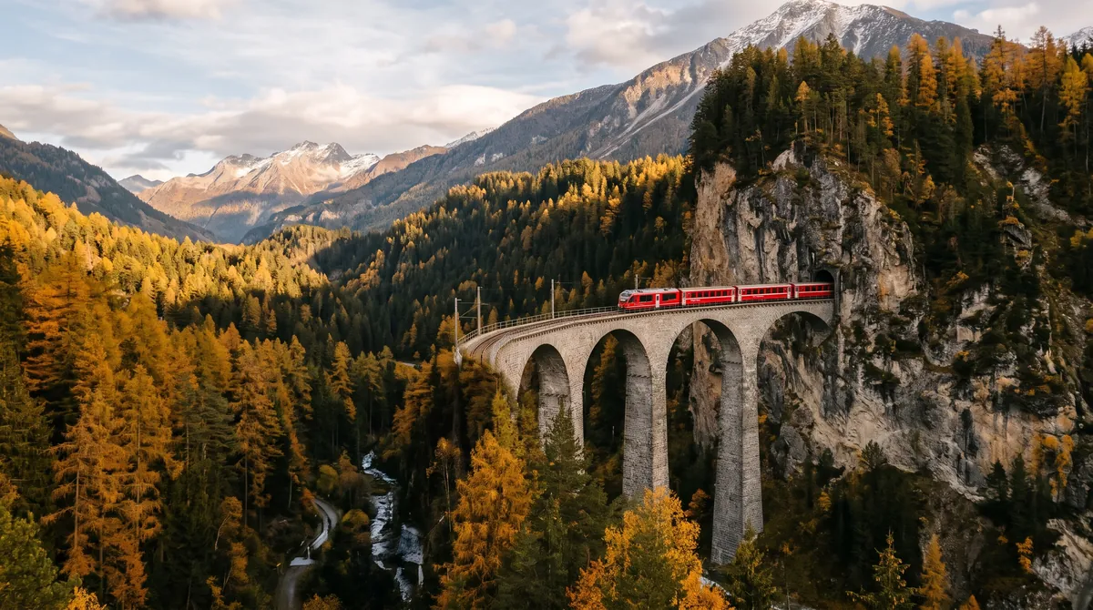 A red mountain train crossing a tall curved stone viaduct in the Swiss Alps among golden autumn larches