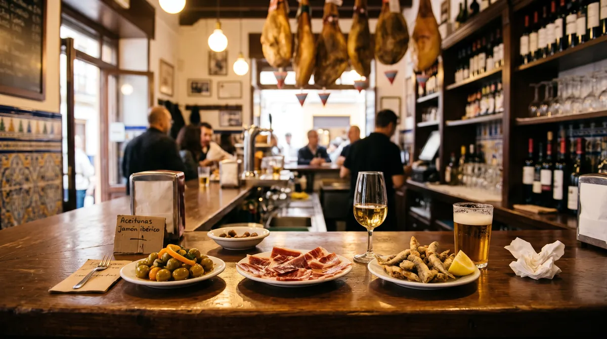 Small tapas plates, a glass of sherry and a small beer on the wooden counter of an Andalusian bar