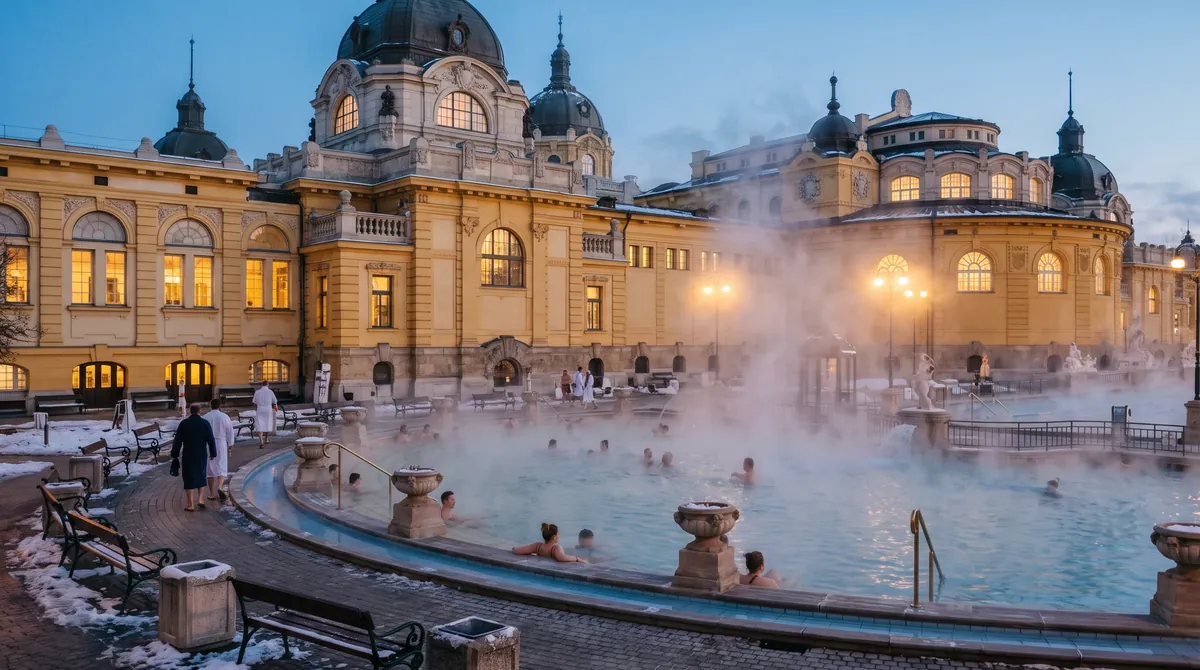 A grand outdoor thermal bath with a neo-baroque yellow building around a steaming pool at dusk in winter