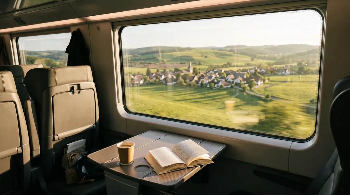 View from a high speed train window over green countryside at golden hour, a book and coffee on the table