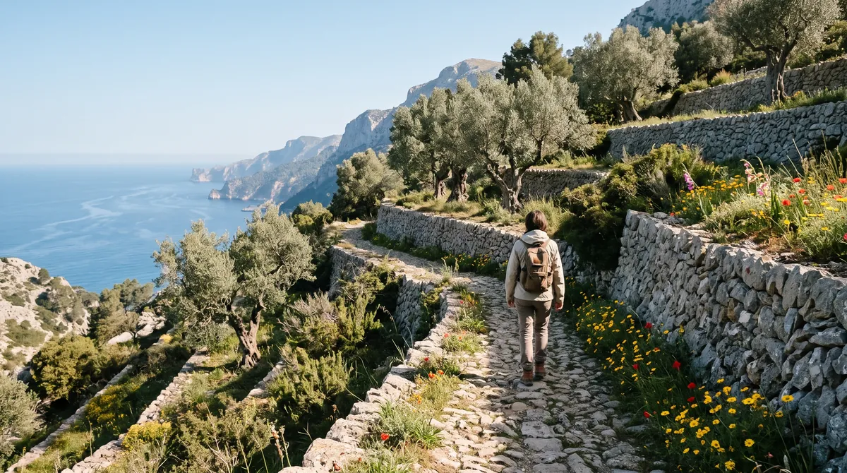 A walker on an old cobbled mule path between dry stone terraces and olive trees above the sea on Mallorca