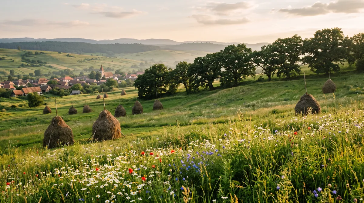 Wildflower hay meadows in Transylvania in June with traditional haystacks, old oaks and gentle hills