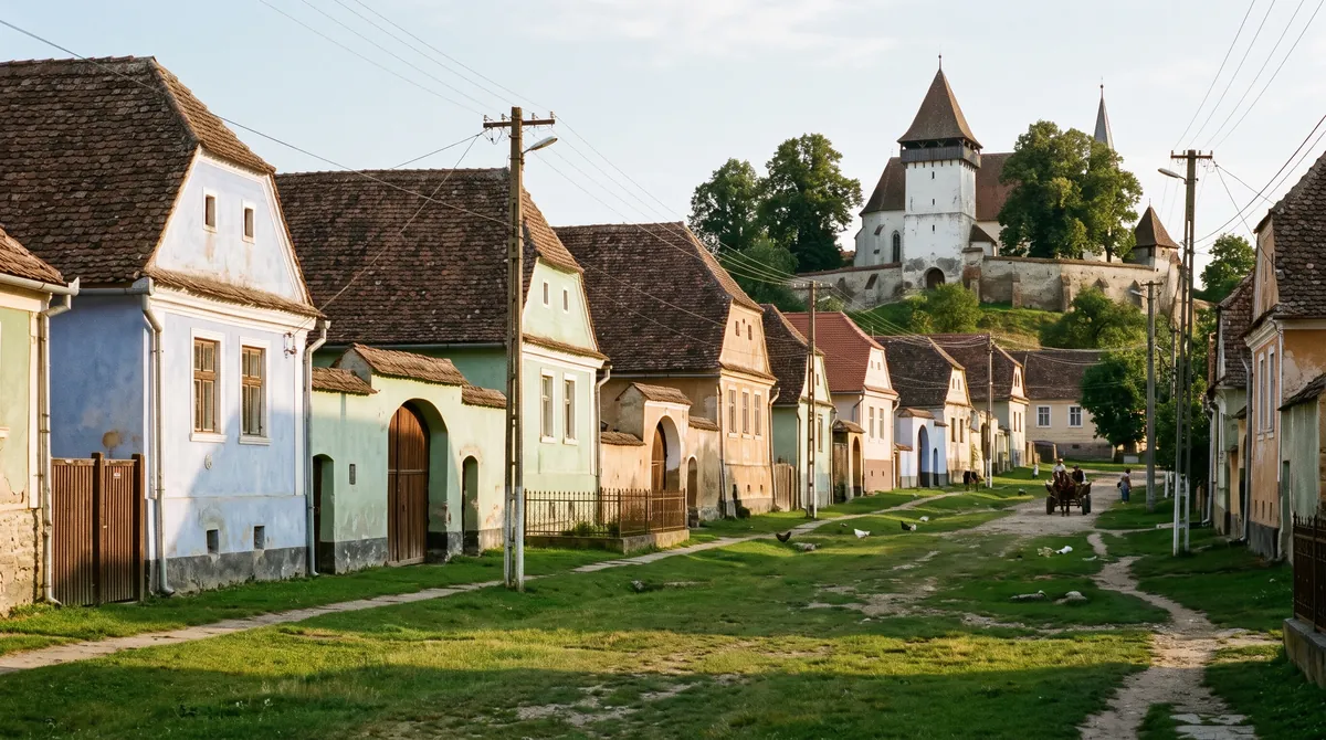 A Saxon village in Transylvania, pastel farmhouses along a grassy street and a fortified church on the hill behind