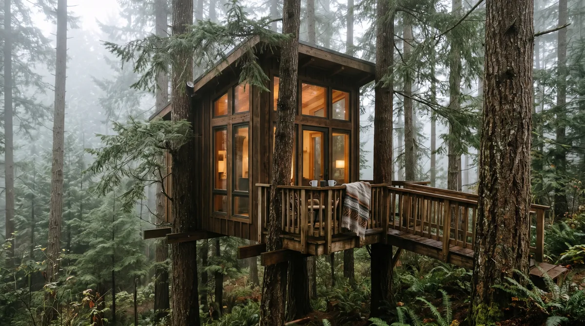 A wooden treehouse cabin with large windows among tall pine trees in morning mist