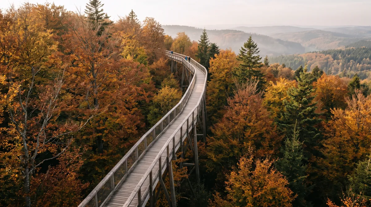 A wooden treetop walkway winding through the autumn canopy of a beech forest