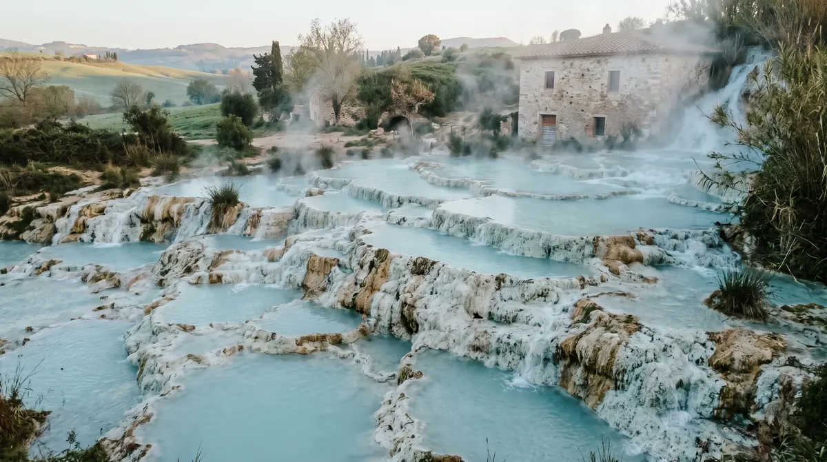 Natural hot spring pools in southern Tuscany, white limestone terraces with milky turquoise water and soft steam