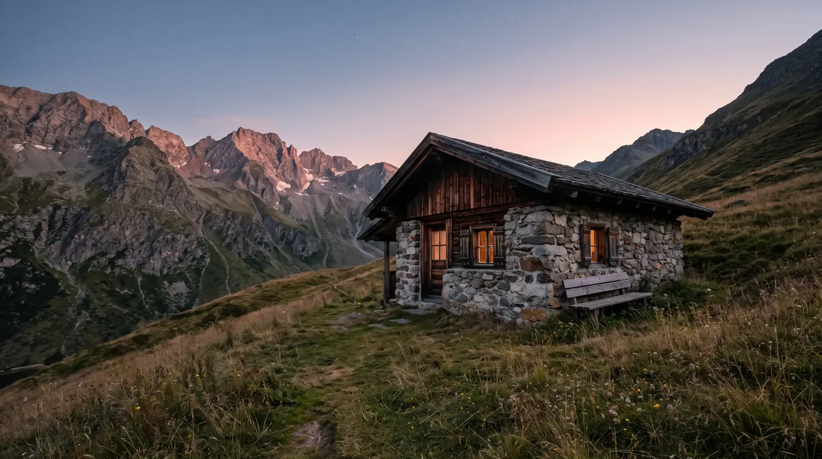 A small mountain hut in the Tyrolean Alps at dusk, warm light in the windows and peaks glowing pink above