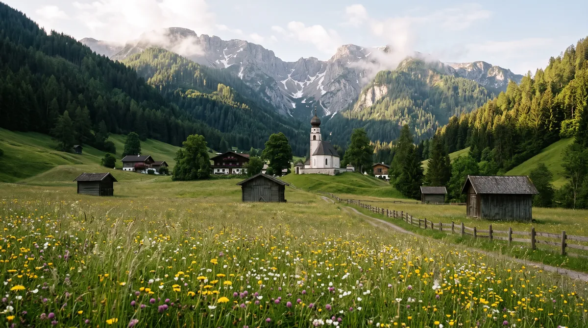 A quiet Tyrolean side valley in early summer, a flower meadow, wooden barns and a village church below rocky peaks