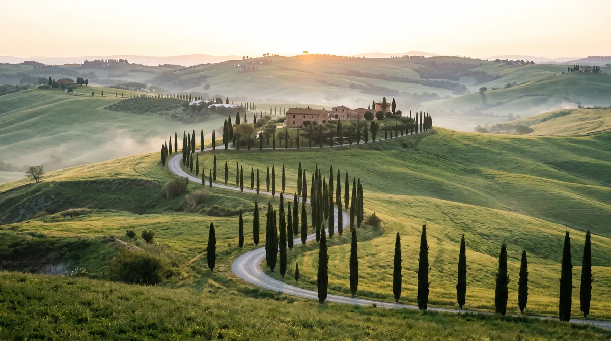 Rolling hills of the Val d’Orcia at sunrise, a gravel road lined with cypresses leading to a stone farmhouse
