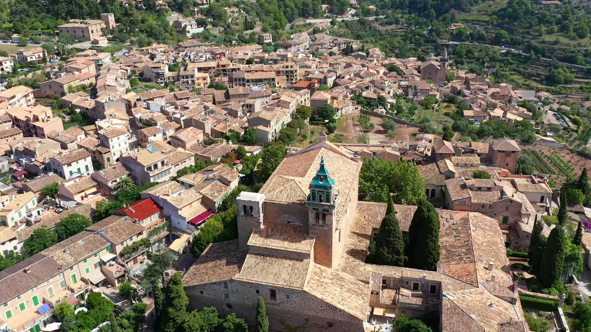 Aerial view of the mountain village of Valldemossa in the Serra de Tramuntana on Mallorca
