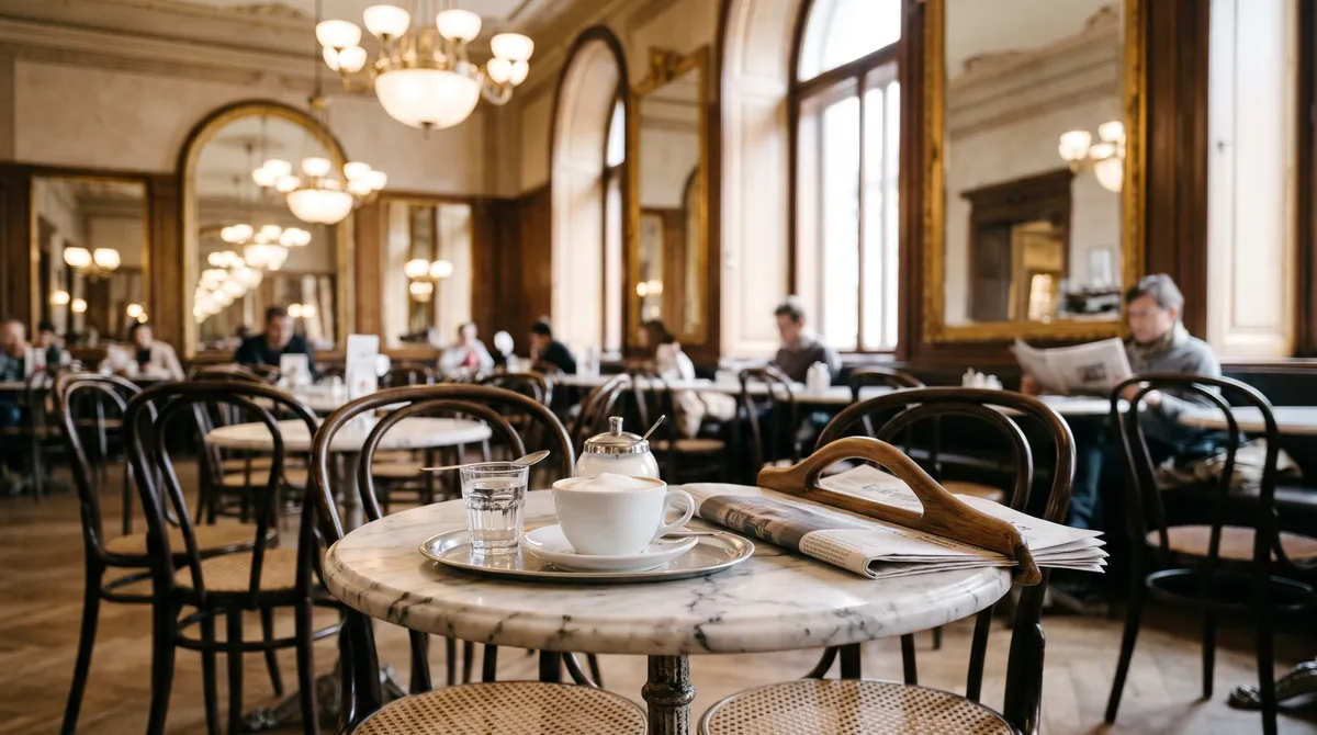A milky coffee with a glass of water on a silver tray and a newspaper on a marble table in a Viennese coffee house