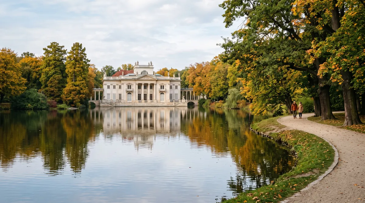 A classical white palace on an island in a park lake in Warsaw, reflected in the calm water under old trees