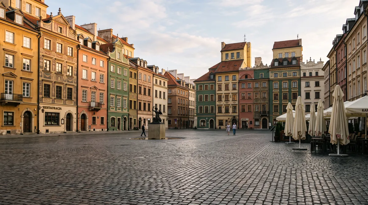 Warsaw’s Old Town Market Square on a calm summer morning, tall narrow burgher houses in ochre, salmon, green and cream with painted façades