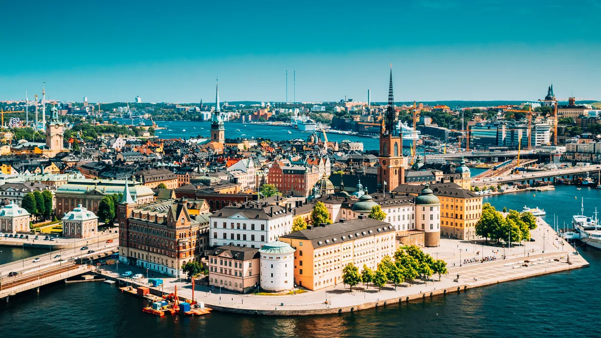 Aerial view of Stockholm’s old town islands with Riddarholmen church and the water all around