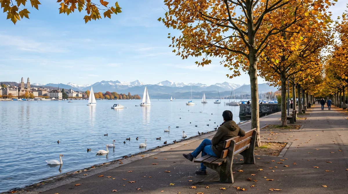 The lake promenade in Zurich on a clear autumn morning, sailing boats and swans on the water and the Alps on the horizon